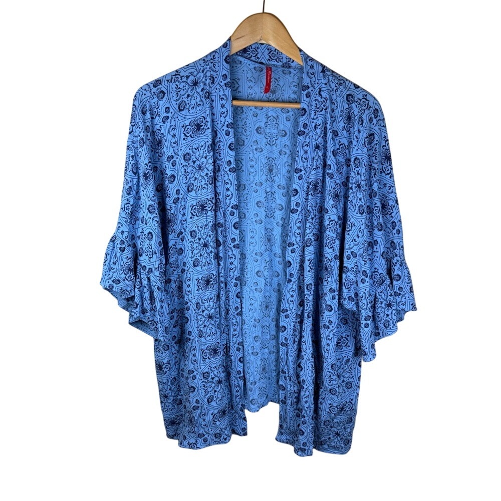 Ruby Ribbon XL Ruffle Sleeve Wrap Blue Floral Top Cardigan (Missing Tie) Office